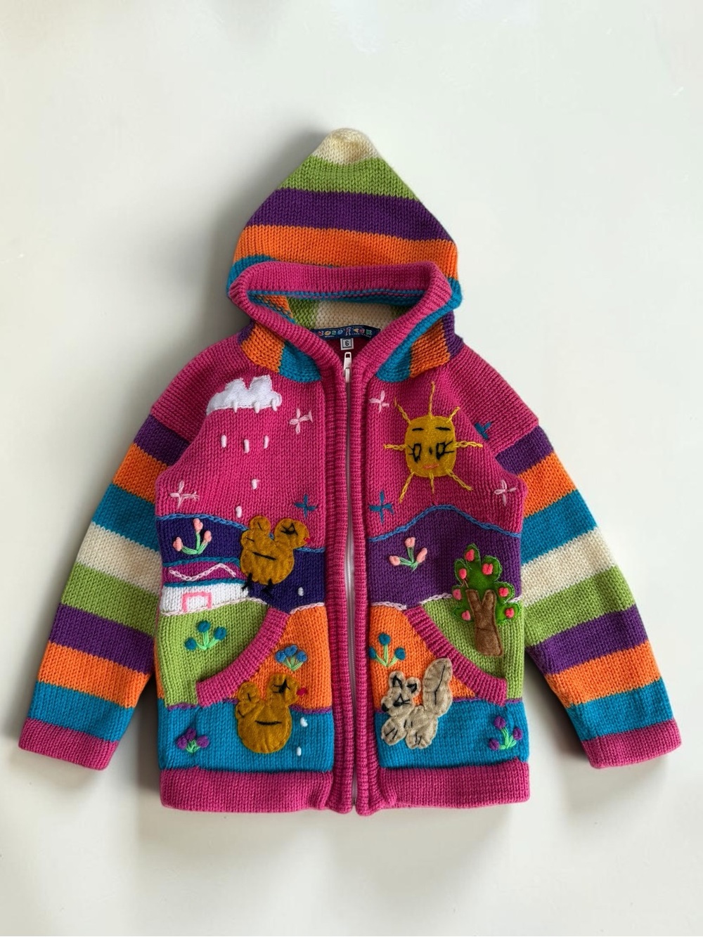 HANDMADE EUC Made in Peru Wool Folk Art Hooded Cardigan